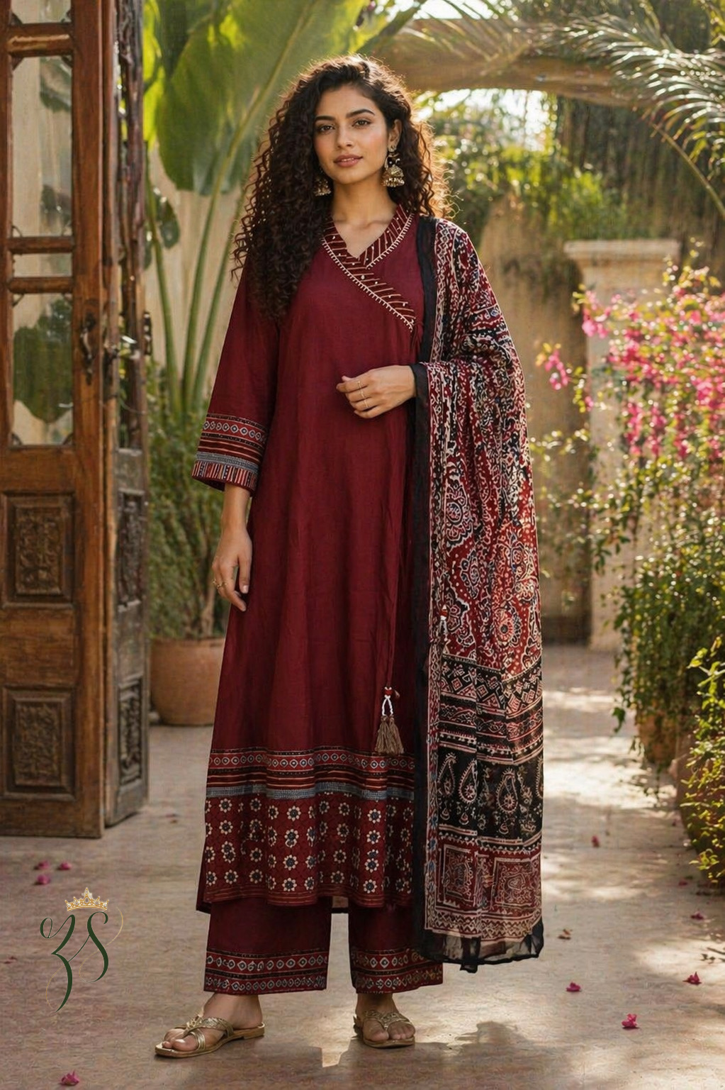 Elegant Maroon Angrakha Style Anarkali Set