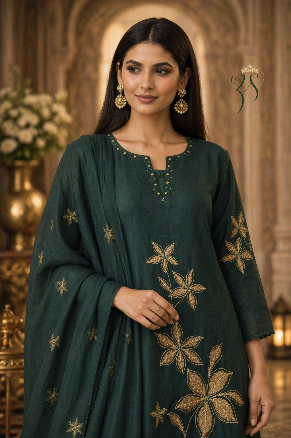 Elegant Bottle Green Embroidered Suit Set