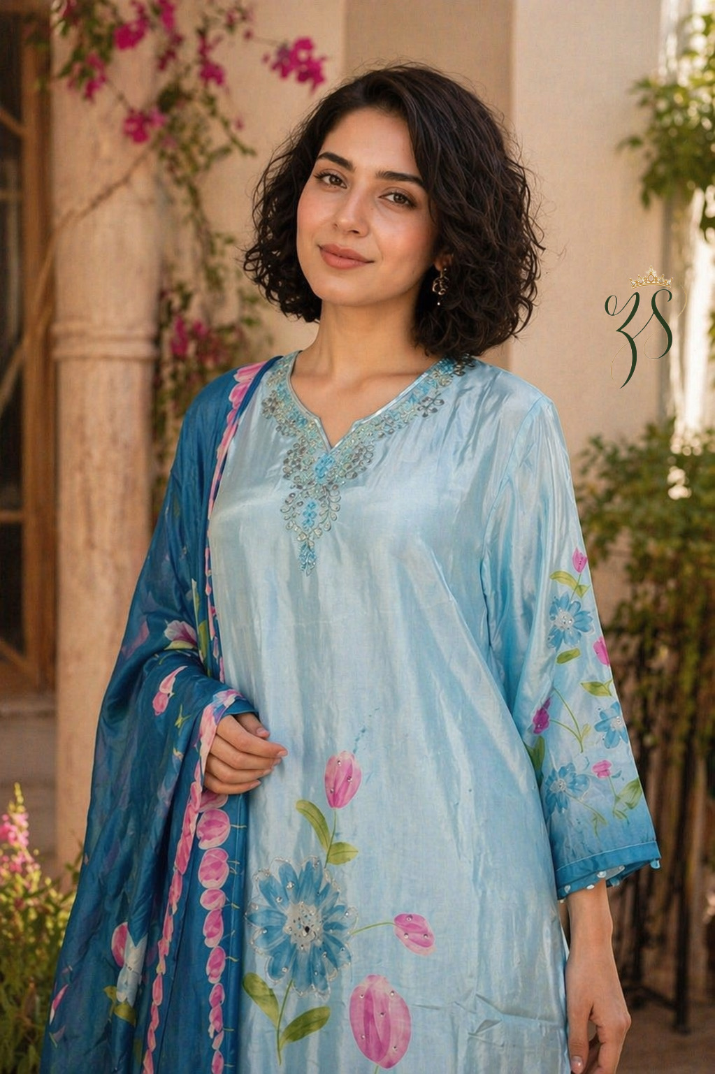 Elegant Powder Blue Floral Suit Set