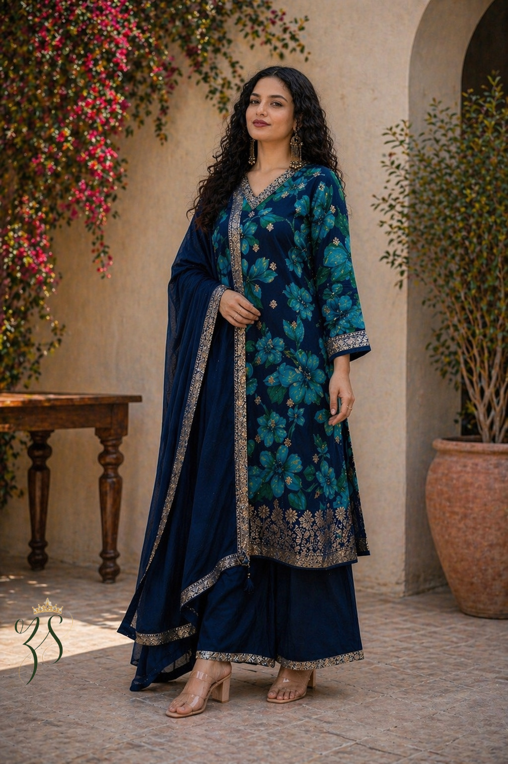 Navy Blue Floral Kurta Set