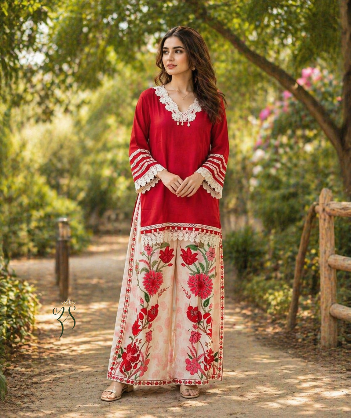 Red and cream ethnic cord set