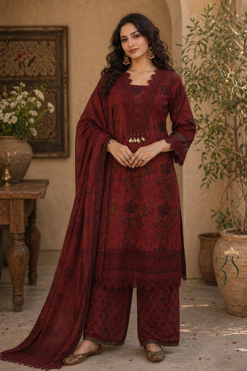 Maroon Printed Cotton Kurta Set with Dupatta
