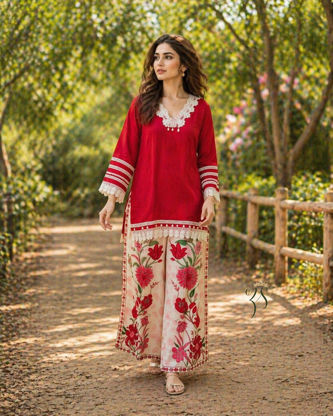 Red and cream ethnic cord set