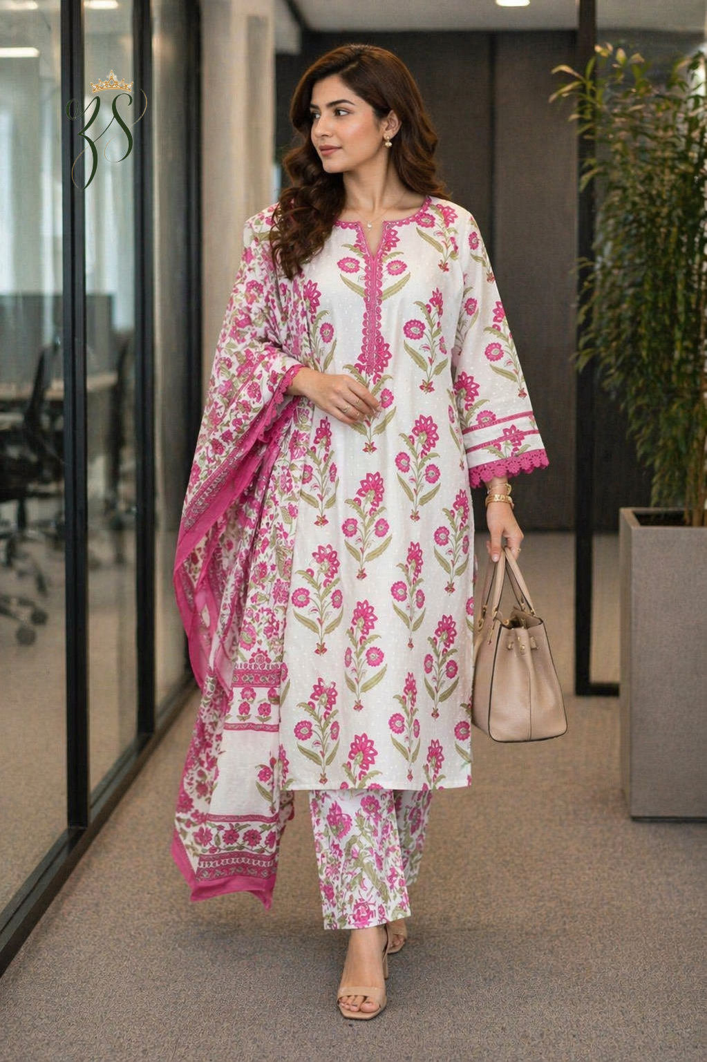 White & Pink Floral Printed Kurta Set