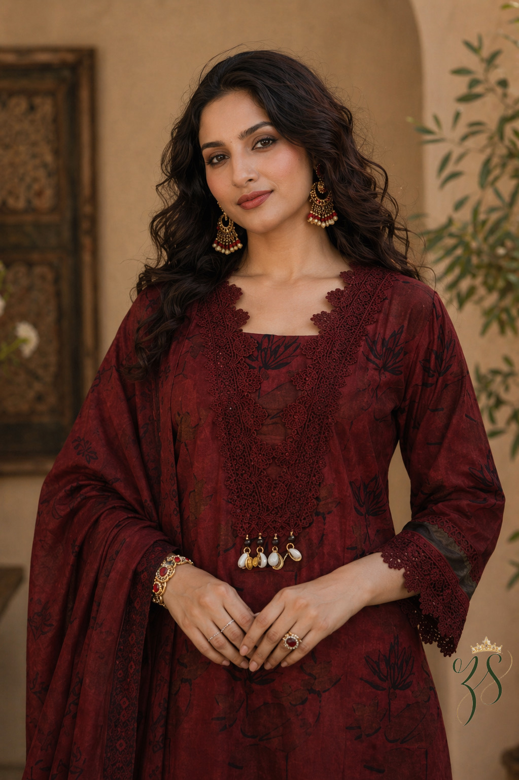 Maroon Printed Cotton Kurta Set with Dupatta