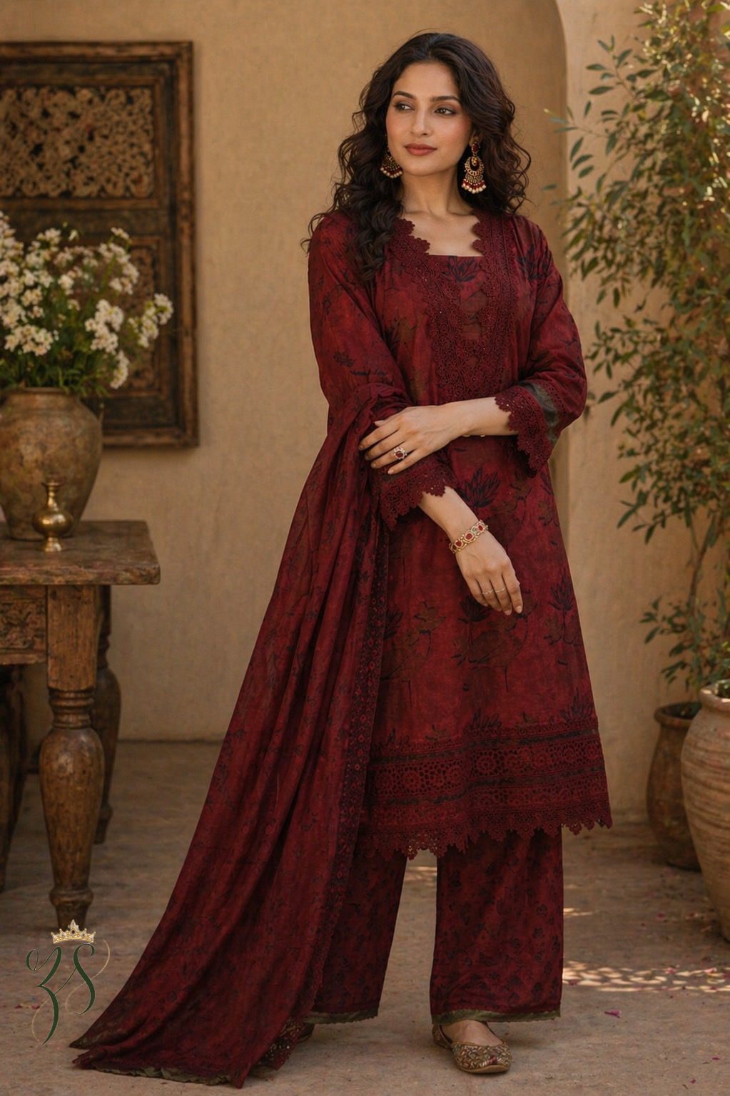 Maroon Printed Cotton Kurta Set with Dupatta