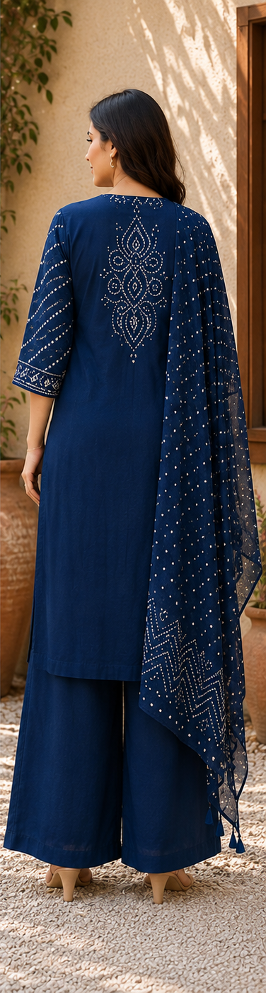 Navy Blue Bandhani Cotton Suit Set