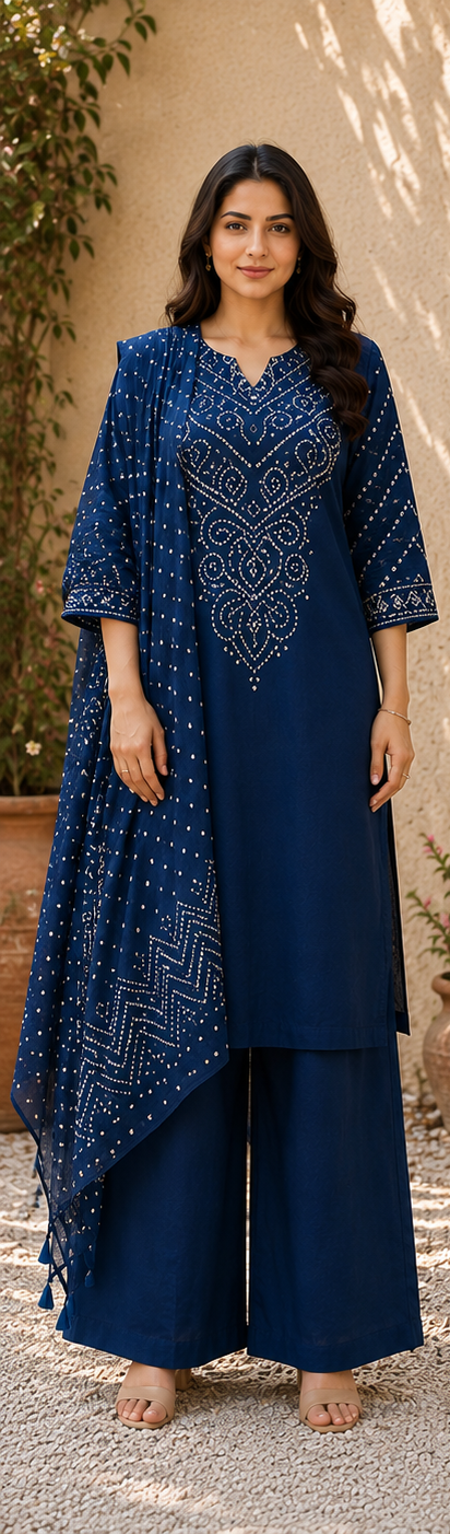 Navy Blue Bandhani Cotton Suit Set