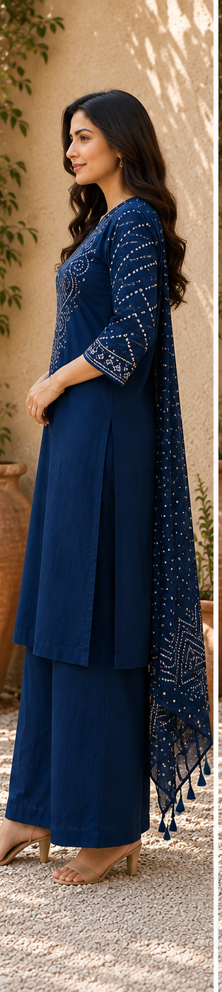 Navy Blue Bandhani Cotton Suit Set