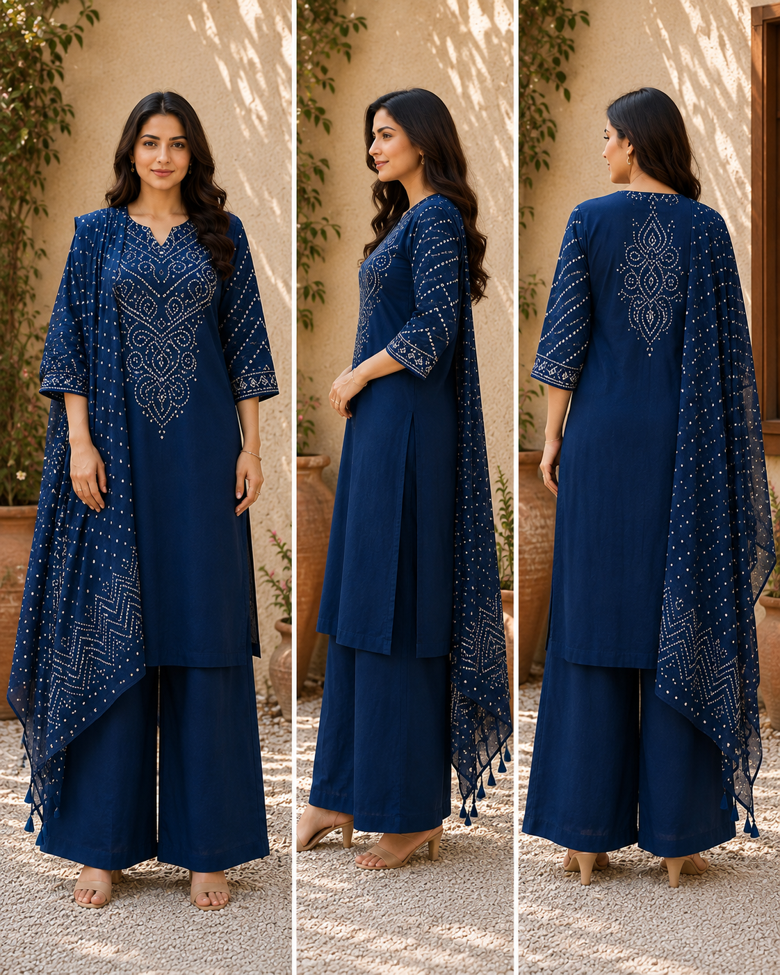 Navy Blue Bandhani Cotton Suit Set