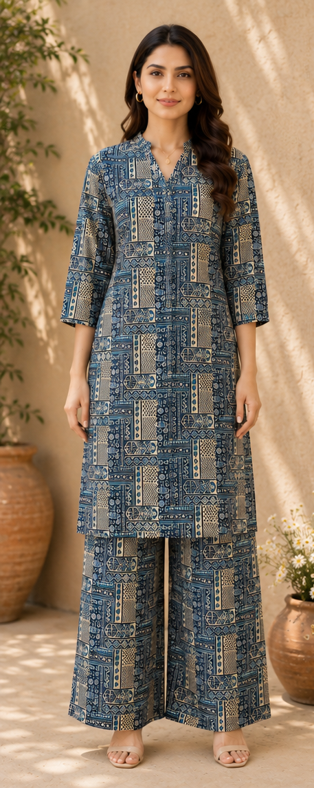 Indigo & Cream Printed Cotton Co-ord Set