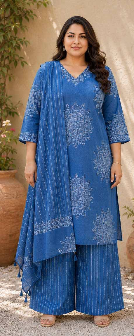 Azure Blue Cotton Printed Suit Set