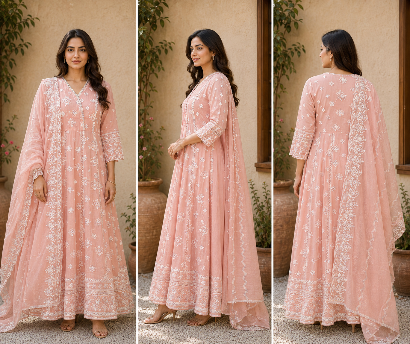 Peach Chikankari Anarkali Suit Set