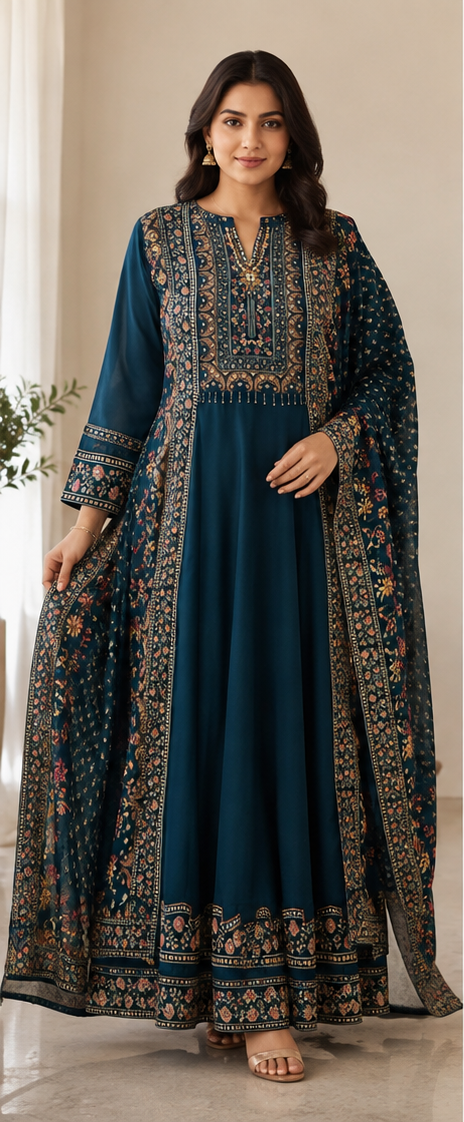 Teal Blue Printed Anarkali Suit Set